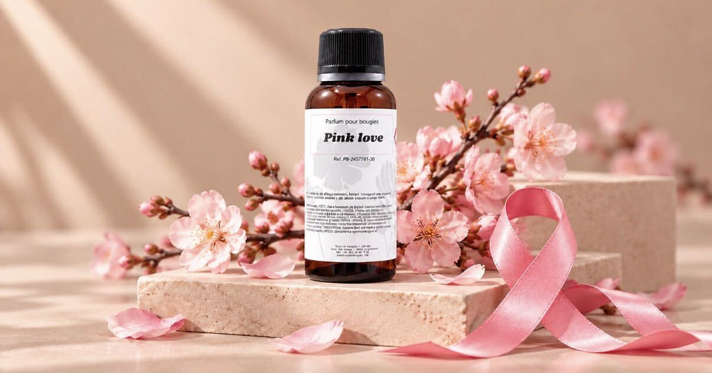 Parfum Pink Love entouré de fleurs de cerisier et d'un ruban rose d'Octobre Rose