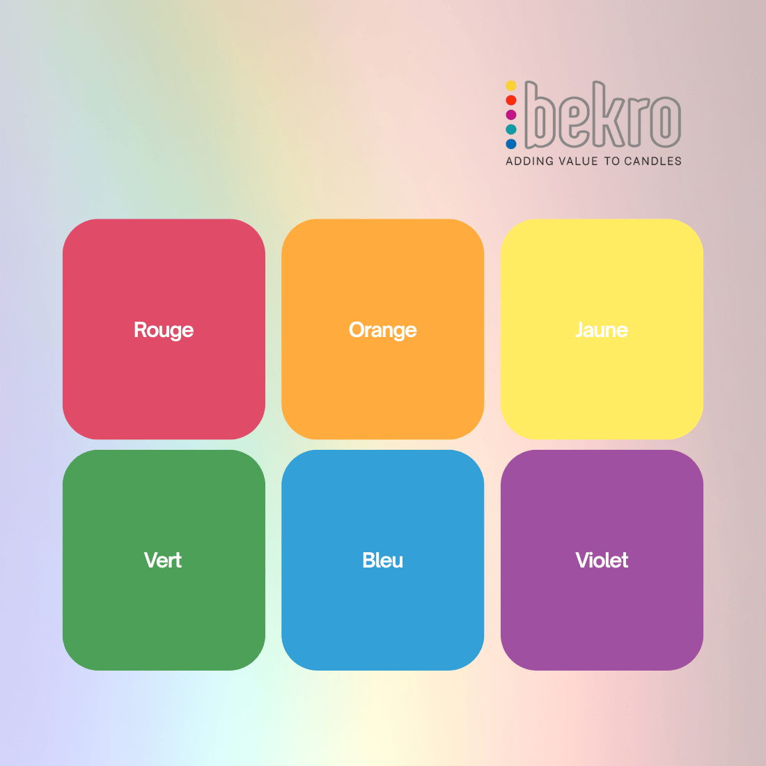 Nuancier Bekro du Lot découverte : six pastilles rouge, orange, jaune, vert, bleu et violet