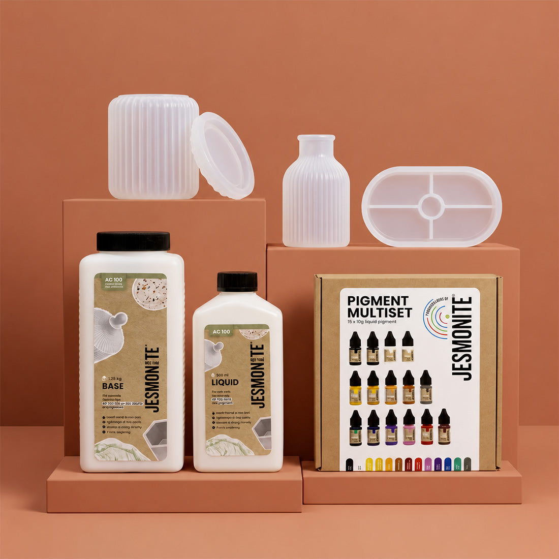 Kit Jesmonite Starter+ : AC100 DUOSET, pack de 15 pigments et moules striés en silicone