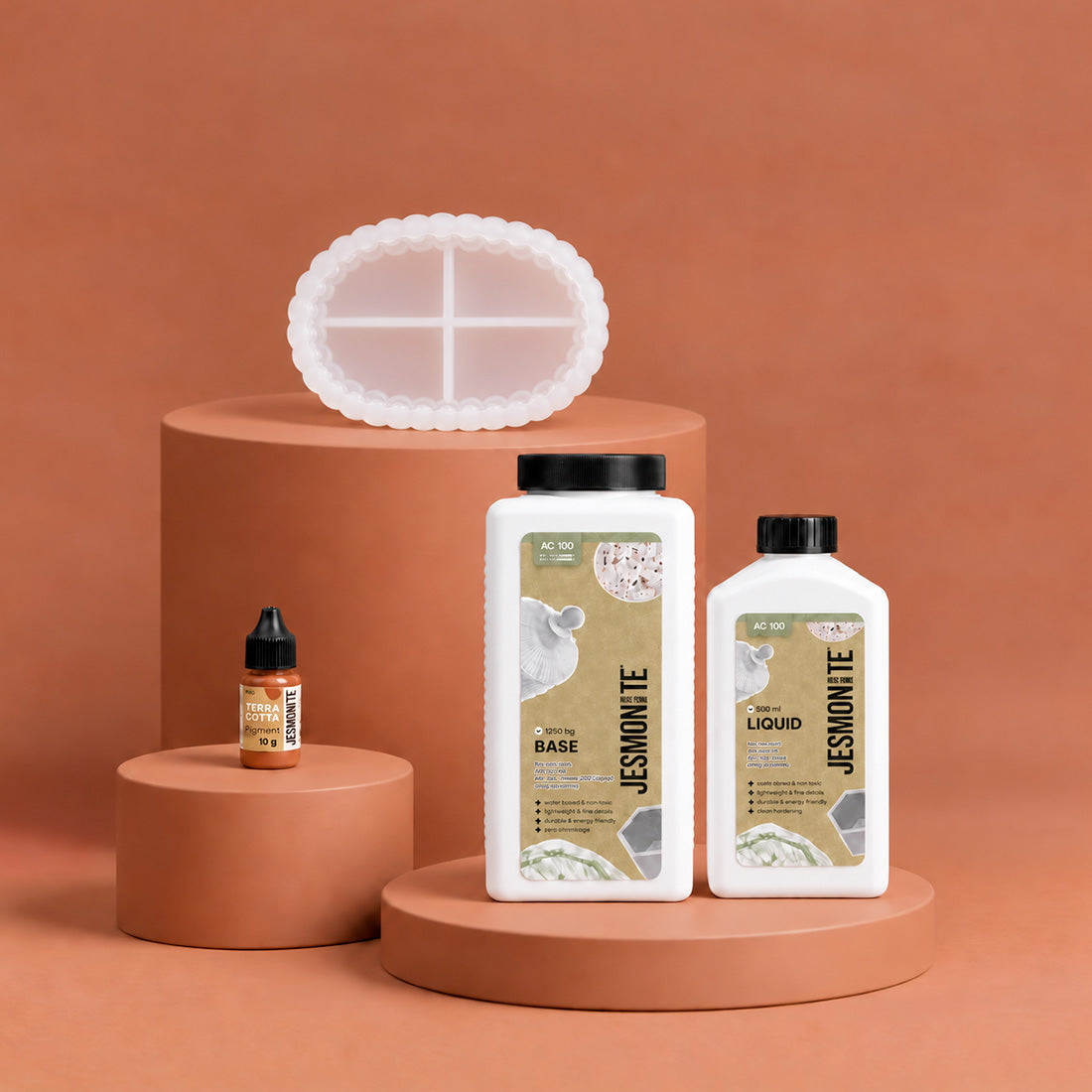 Kit Jesmonite Starter : AC100 DUOSET, pigment terracotta et moule plateau bubble nuage