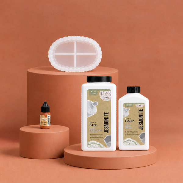 Kit Jesmonite Starter : AC100 DUOSET, pigment terracotta et moule plateau bubble nuage