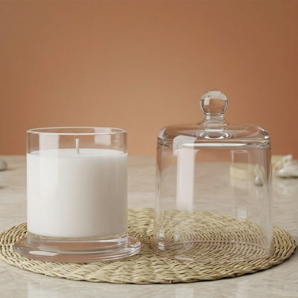 Verre à bougie cloche transparent avec sa cloche en verre posée à côté