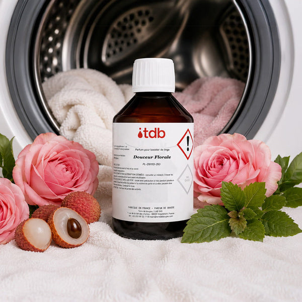Flacon du booster Douceur florale entouré de roses, litchis et menthe devant un lave-linge