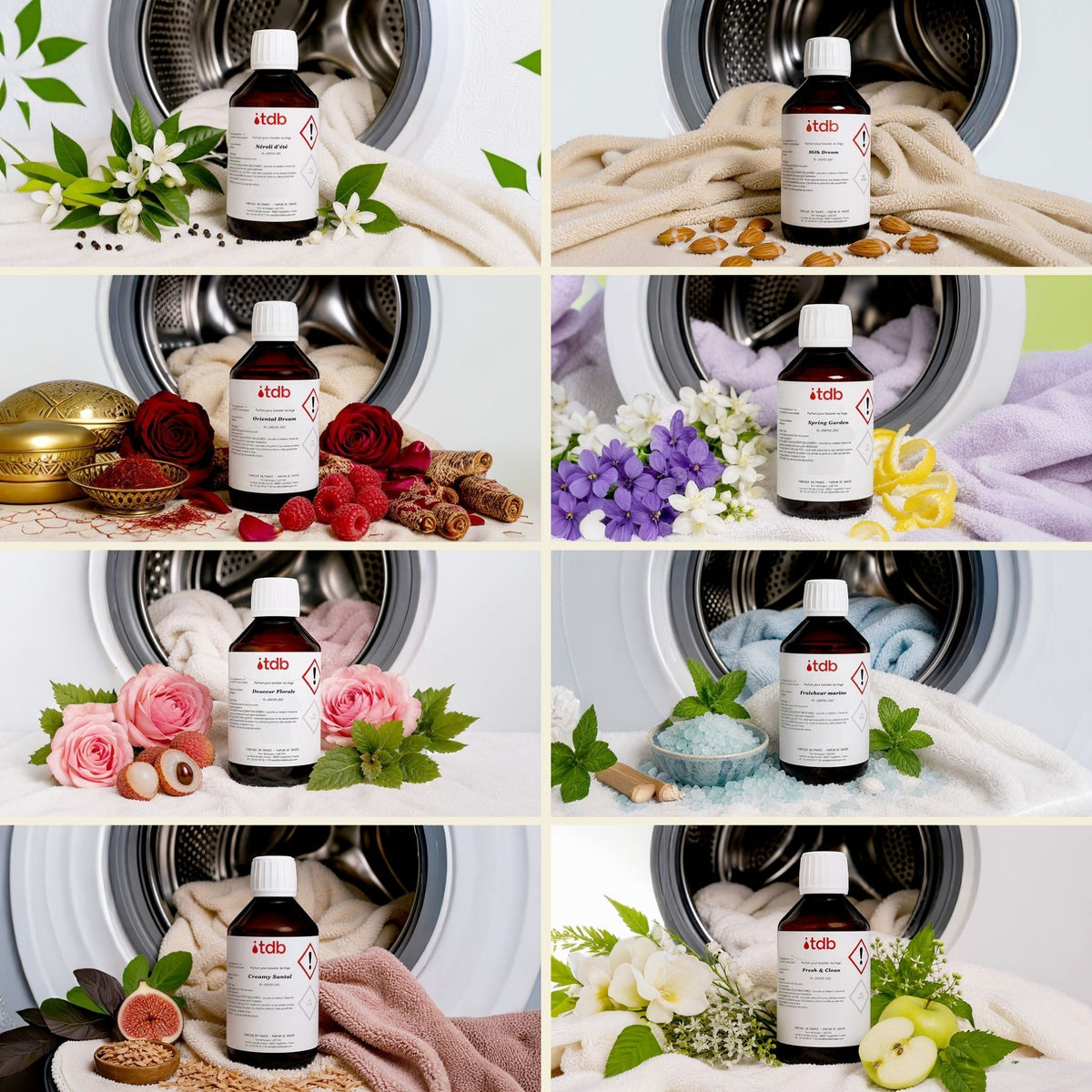 Huit boosters de parfum pour linge en flacons ambrés devant un tambour de machine à laver, entourés de leurs ingrédients
