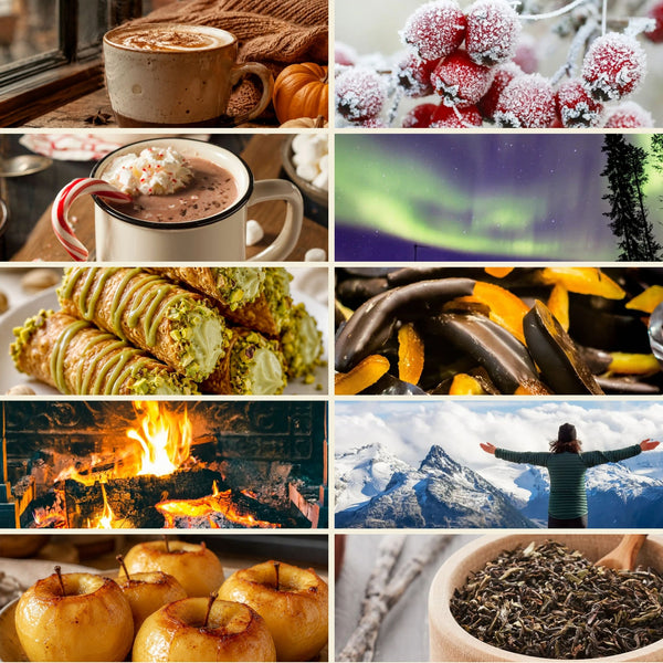 Planche d'ambiance du Pack de 10 parfums thématiques de Grasse : chocolat chaud, fruits givrés, aurores boréales et feu de cheminée