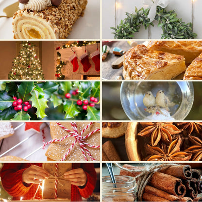 Planche d'ambiance du Pack de 10 parfums thématiques de Grasse : pâtisseries, sapin, houx, boules de Noël et épices de saison