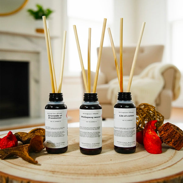 Pack découverte – Recharges pour diffuseurs avec 3 parfums 30ml et tiges en rotin