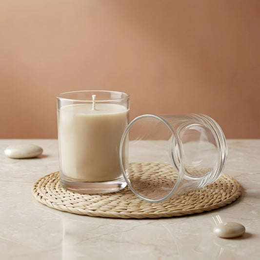 SHOWIN Barattoli per candele in vetro spesso per realizzare candele, 12 pezzi, 200 ml, trasparenti, vuoti, con coperchi in legno, bianchi, cilindrici, lavabili in lavastoviglie